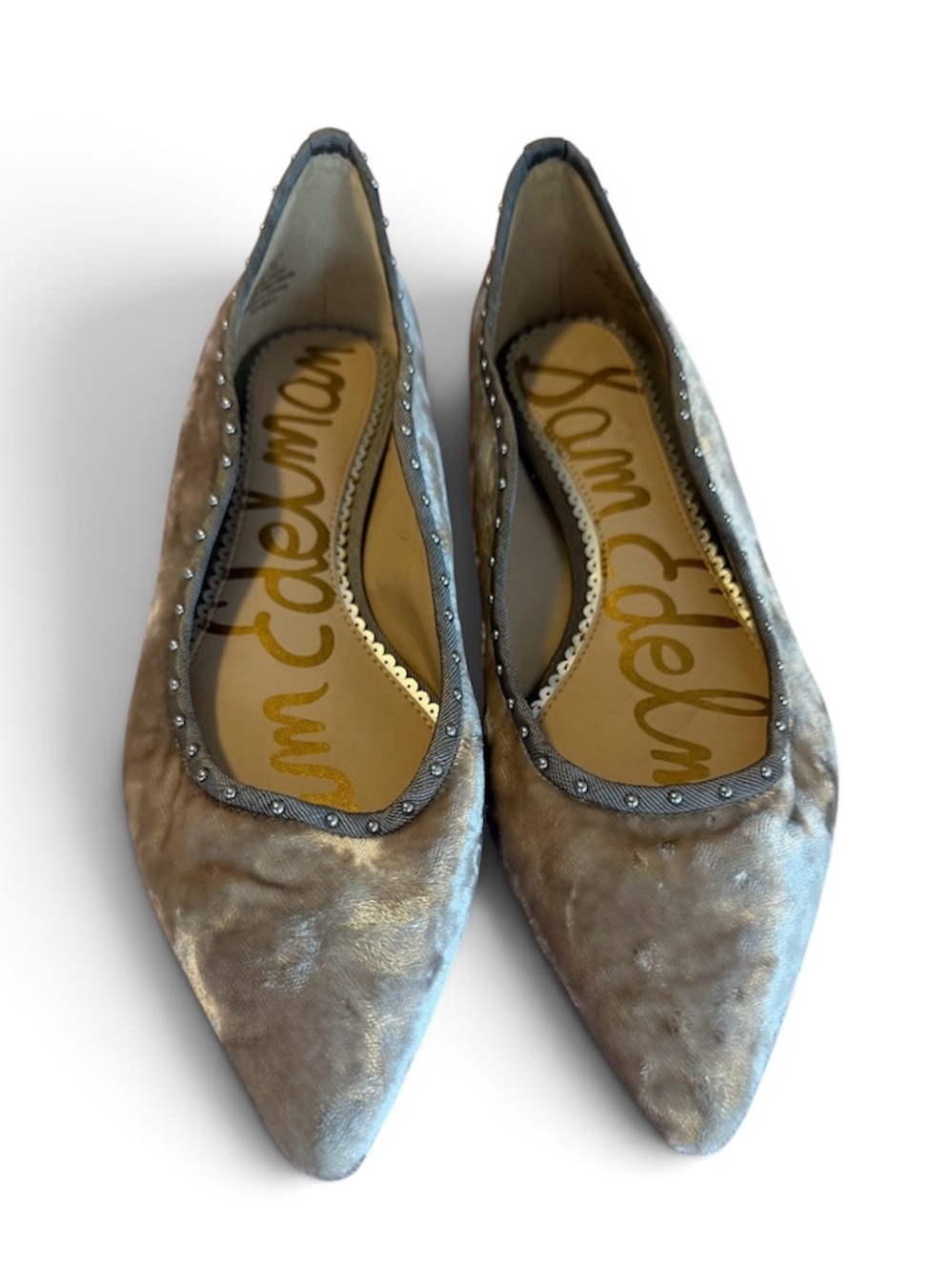 Sam Edelman Metallic Taupe Velvet Pointed Ballet Flats with Stud Trim